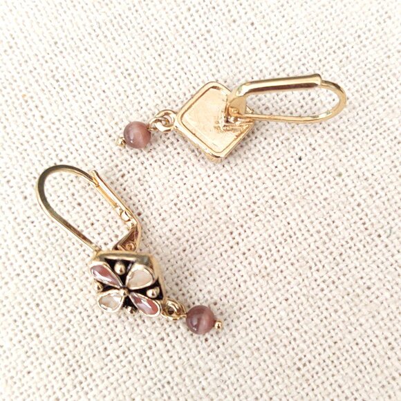 tan & burnt orange with black accent enamel drop earrings with tiny bead dangles - Picture 2 of 5